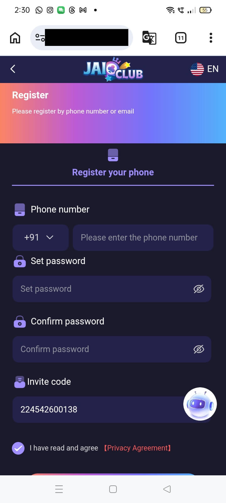 screenshot of Jai Club registration